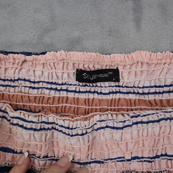 Style House Shirt Womens L Multicolor Stripe Cropped Stretch Smocked Tube Top - Picture 2 of 12